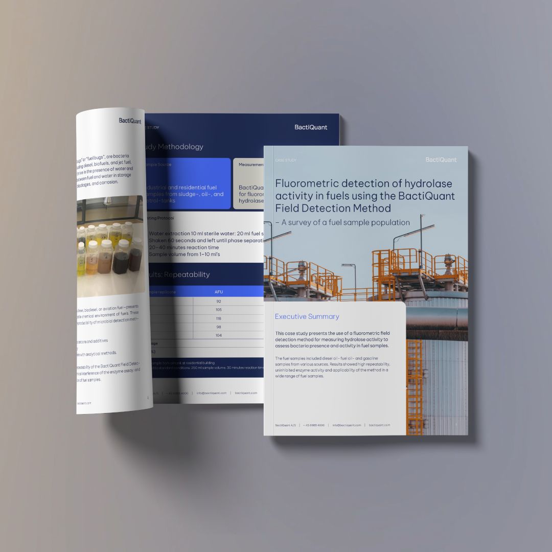 Fluorometric detection of hydrolase activity in fuels using the BactiQuant Field Detection Method